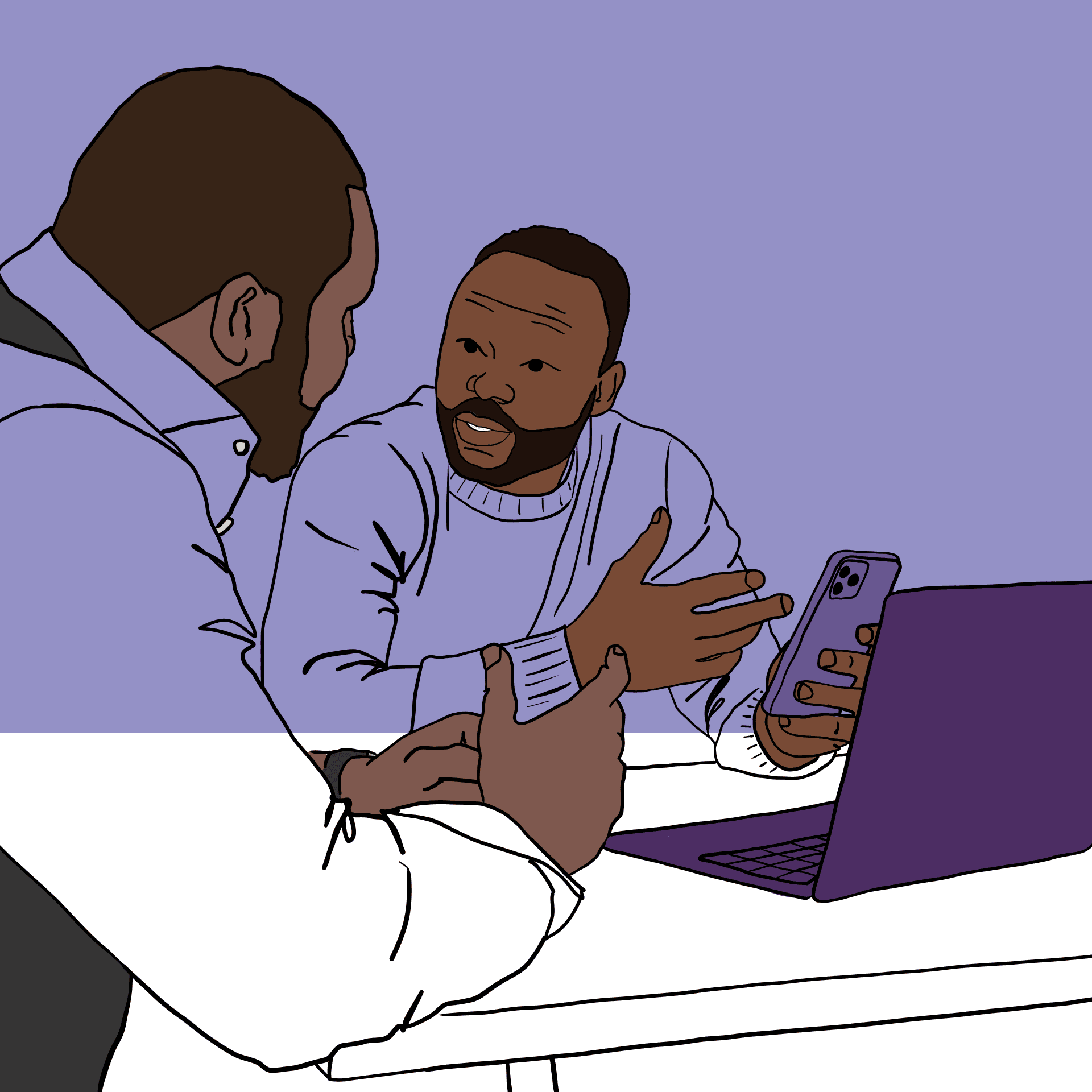 OXD illustration of two people sitting at a table talking with a computer and a mobile phone