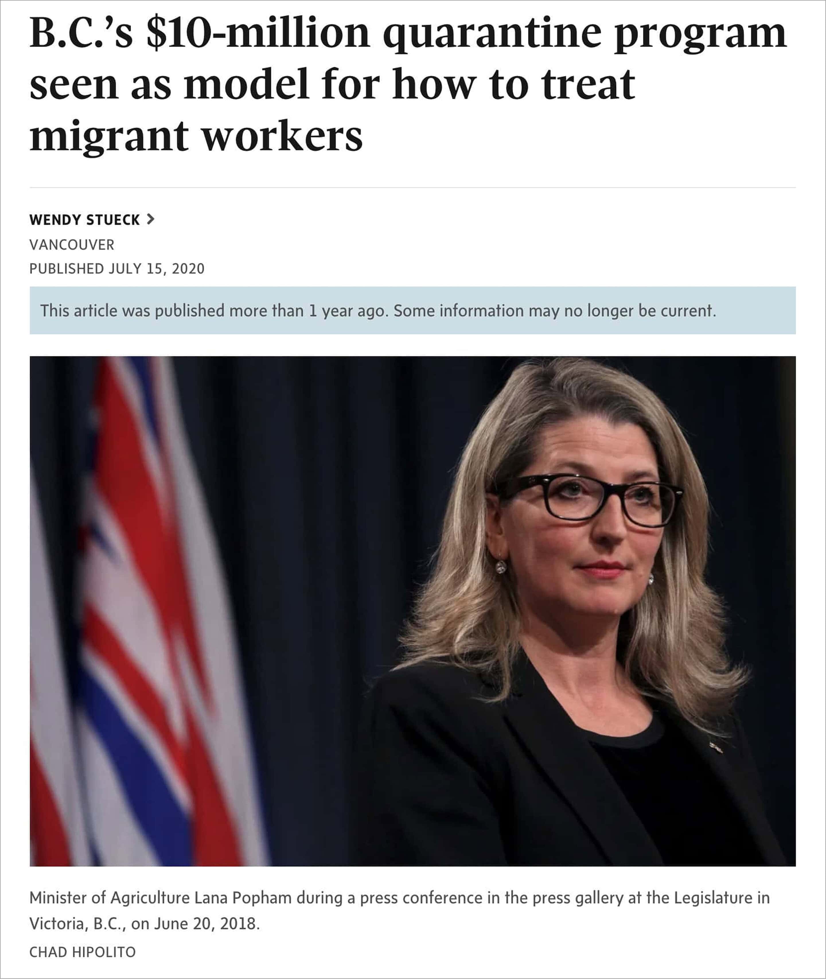 Image of a news post about BC's $10-million quarantine program with Bonnie Henry. OXD supported British Columbia’s emergency COVID response.