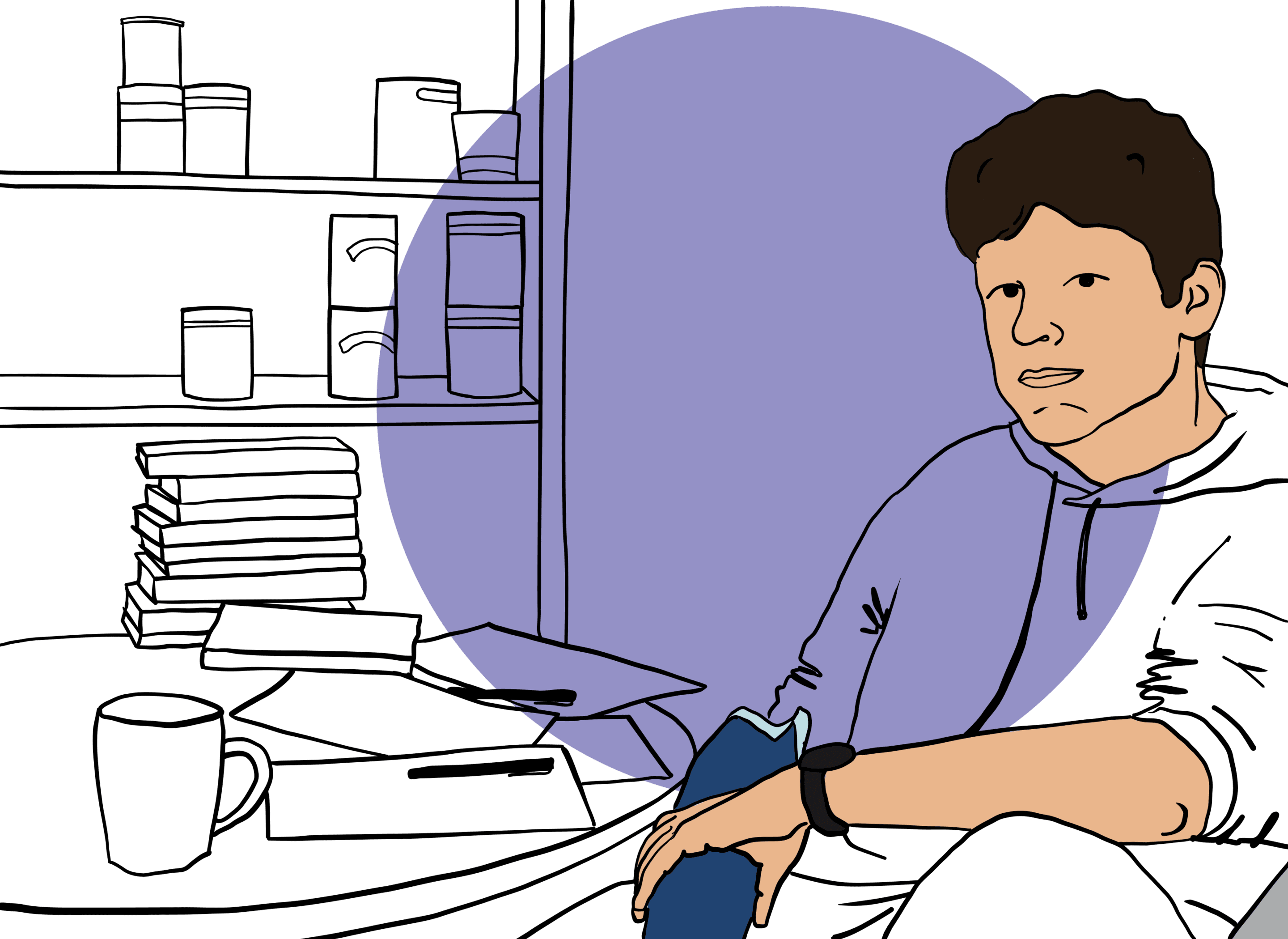 OXD line drawing of Gord sitting at a table with papers and books