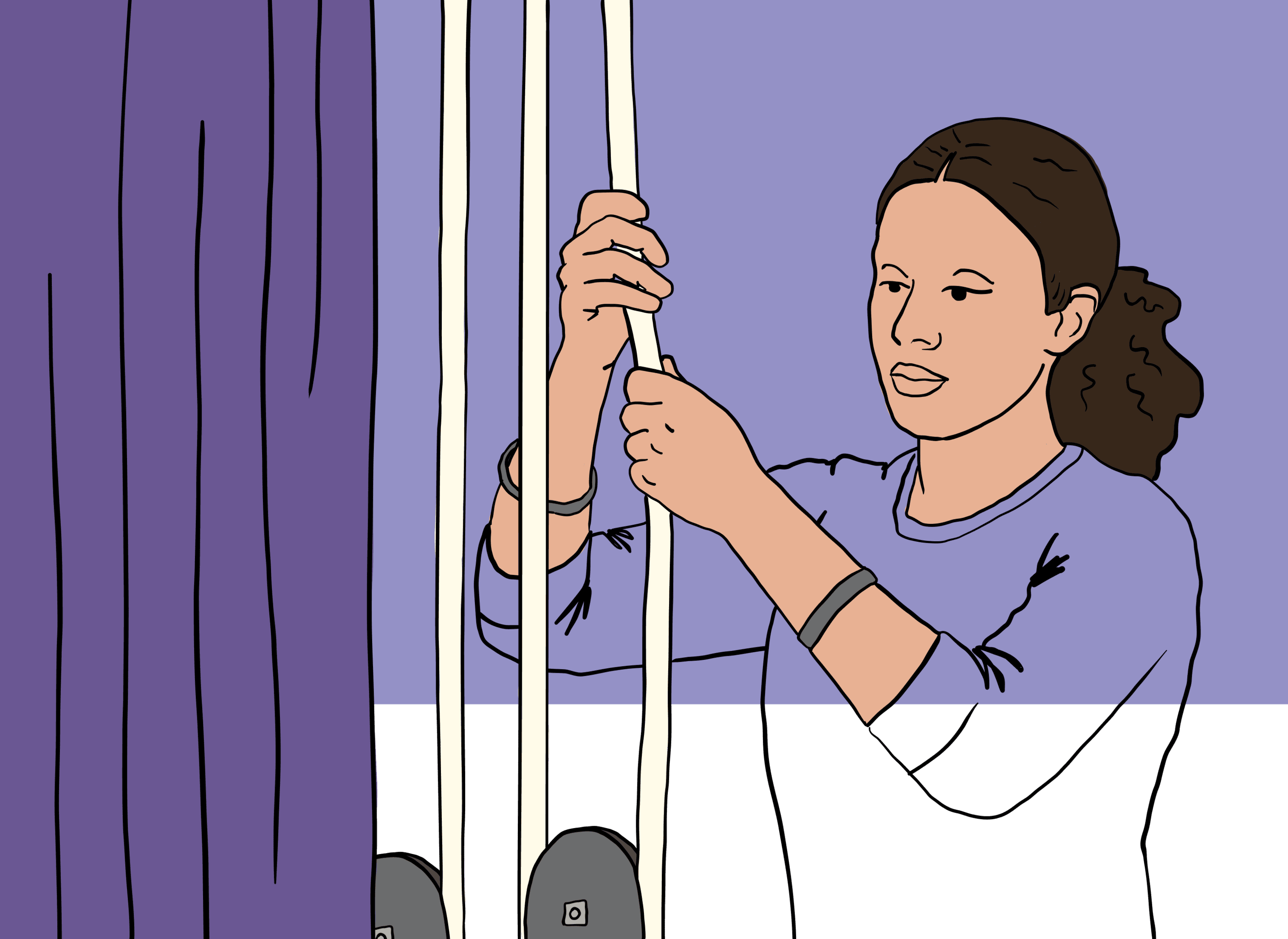 OXD line drawing of a woman pulling a rope on a pulley with a curtain partially open