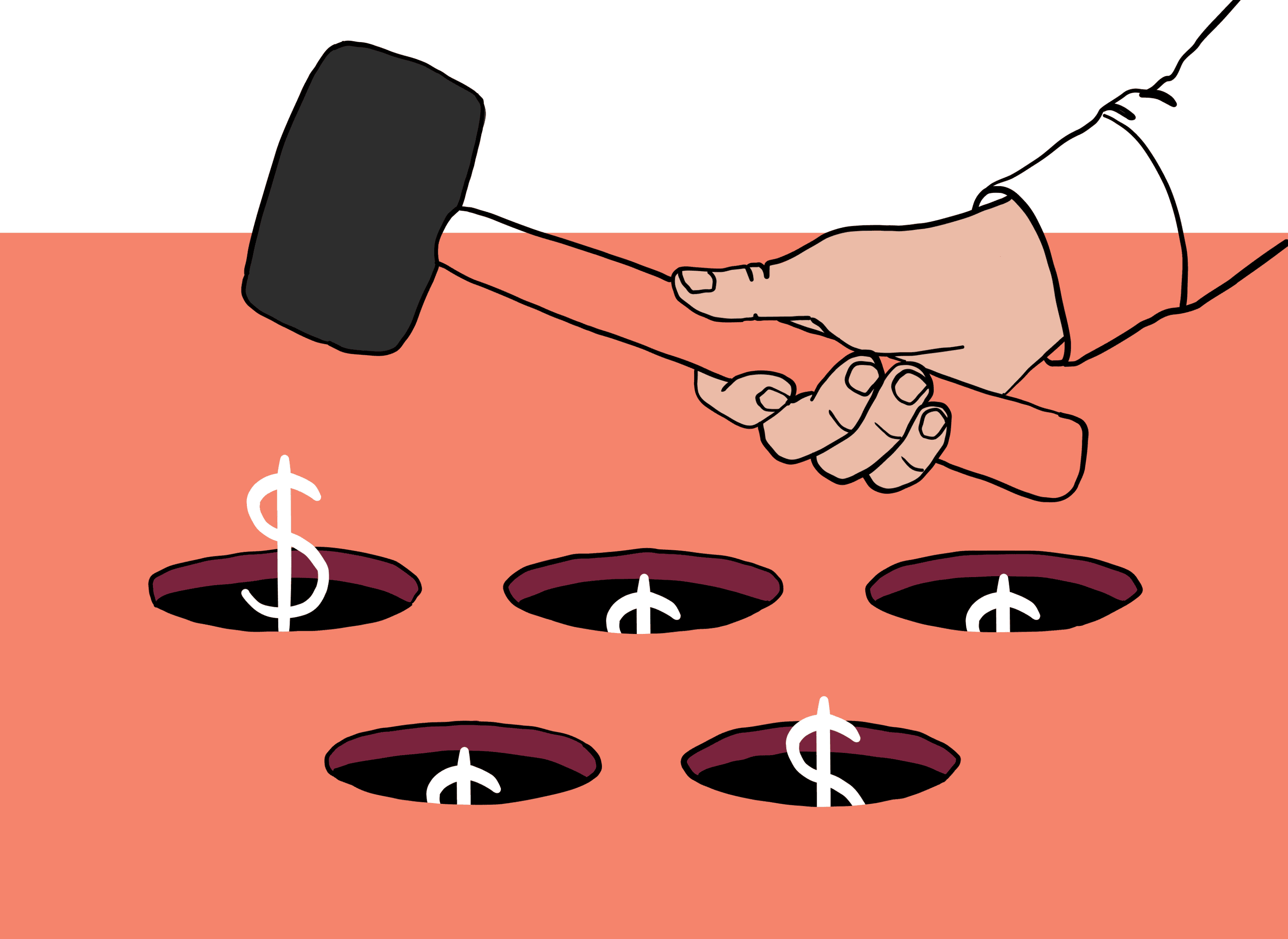 An illustration of a hand holding a mallet, ready to strike white dollar signs that are popping out of holes like a game of Whack-a-Mole
