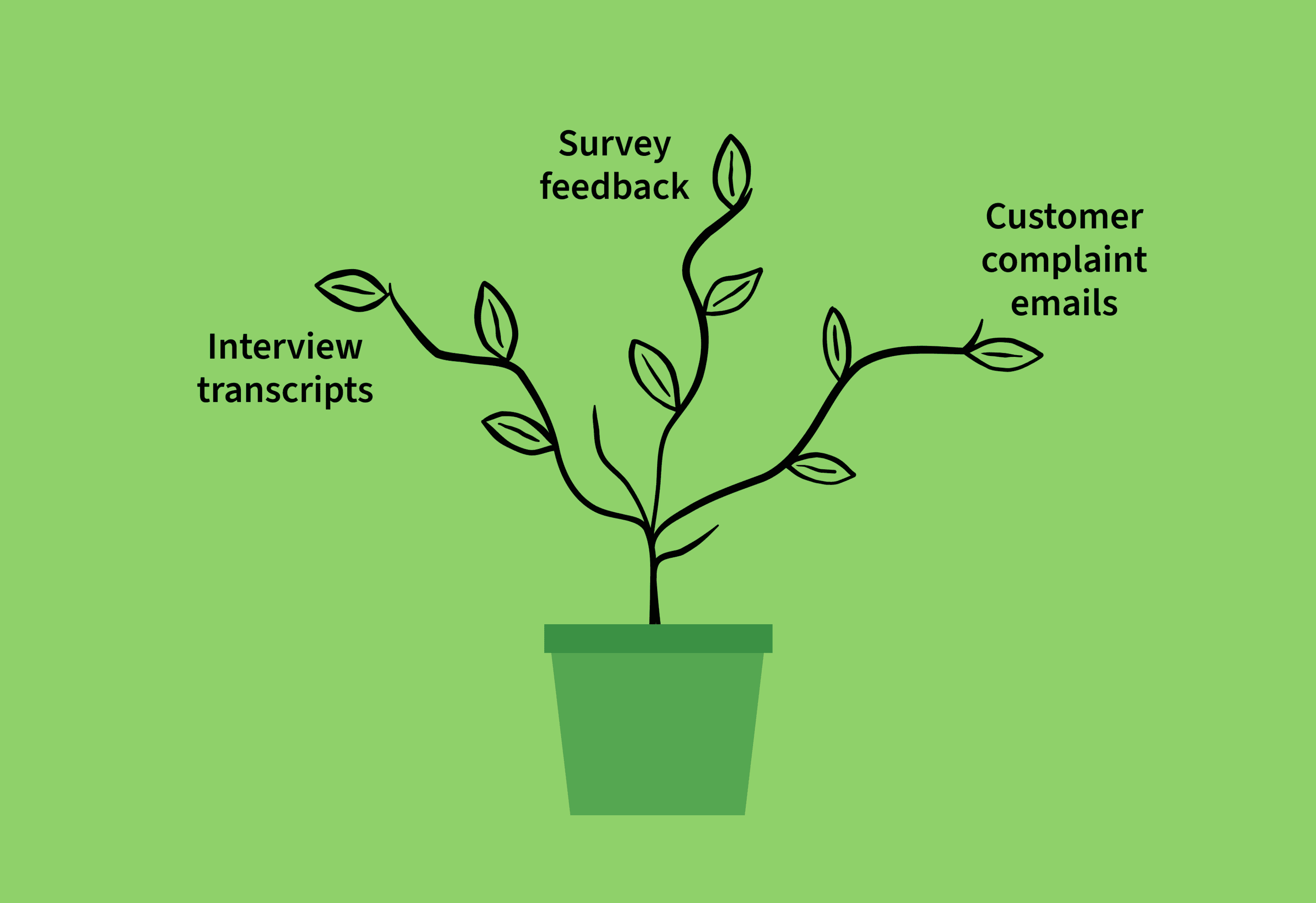 OXD illustration of a pot with three plant branches each with text above it: Interview transcripts, survey feedback, customer complaint emails