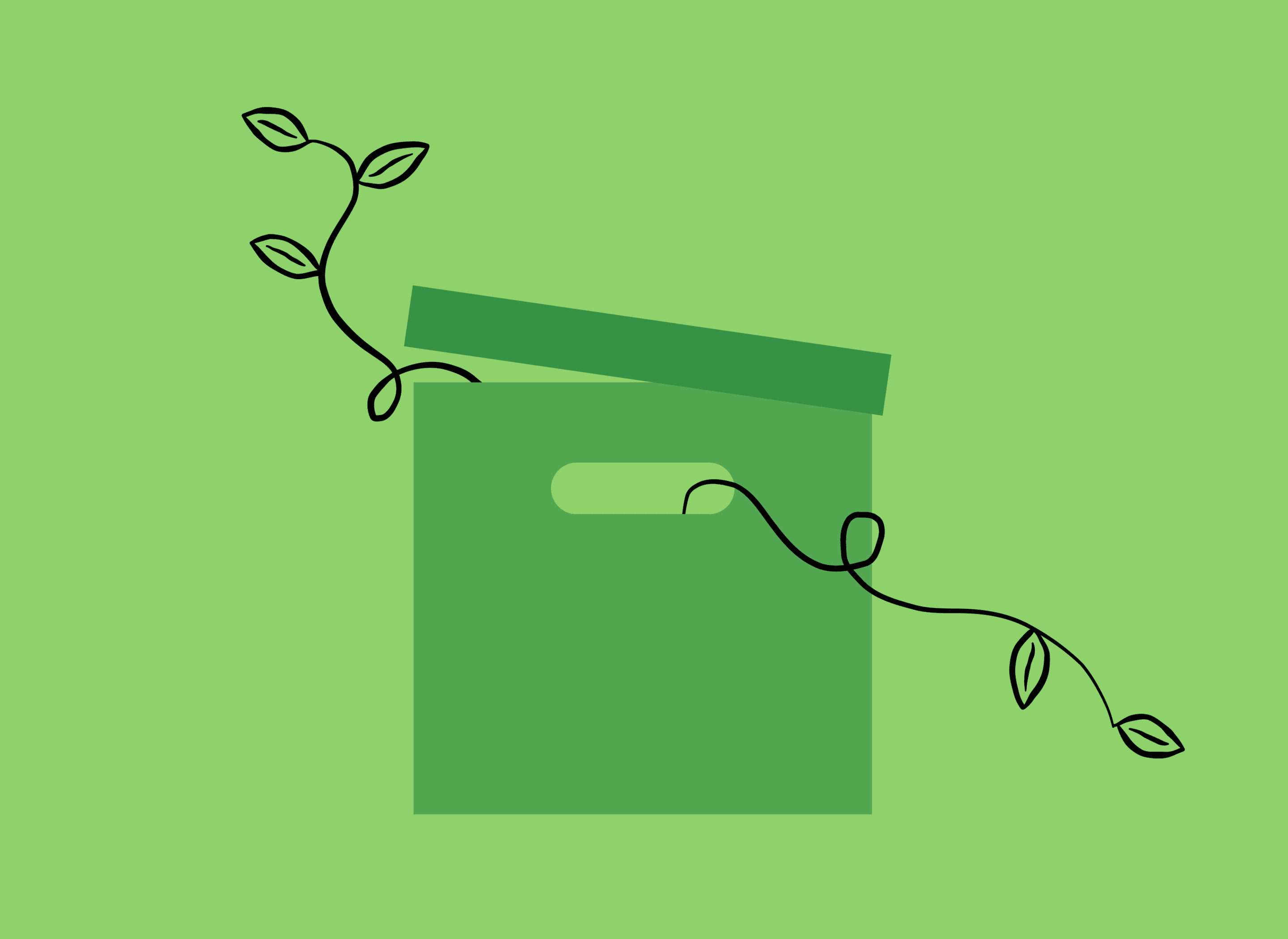 Archive box with an askew lid with vines growing out.